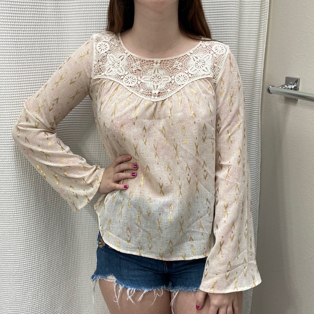 Women’s Xhilaration long sleeve gold and lace embellished blouse. Size small.